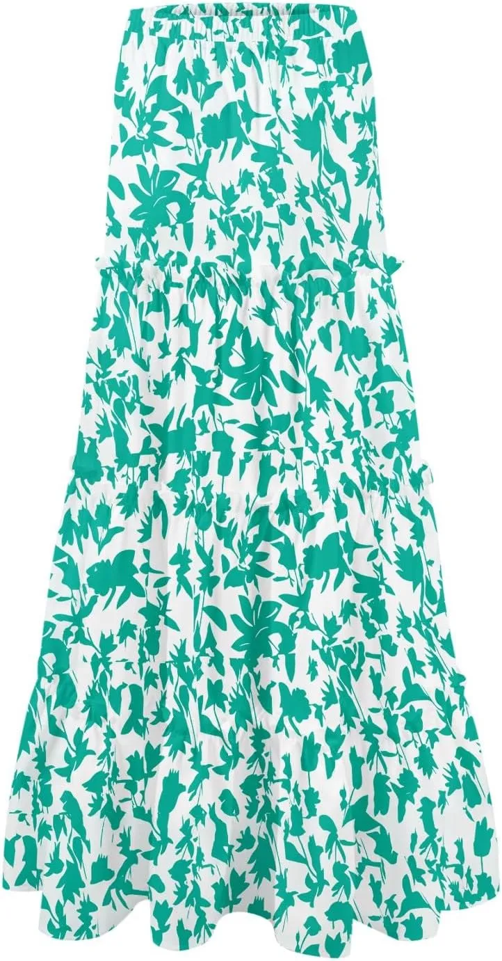 Maxi Tiered Skirts for Women 2025 Boho Floral High Elastic Waist Long Flowy Skirt A-Line Ruffle Hem Beach Cover Ups