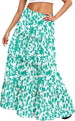 Maxi Tiered Skirts for Women 2025 Boho Floral High Elastic Waist Long Flowy Skirt A-Line Ruffle Hem Beach Cover Ups