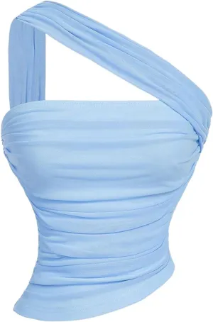 Milumia Women's One Shoulder Tops Ruched Sleeveless Mesh Halter Crop Tube Top