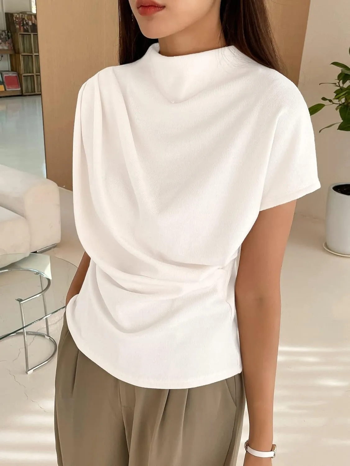 OYOANGLE Women's Ruched Draped Front Mock Neck Short Sleeve Solid Tee Shirt Top