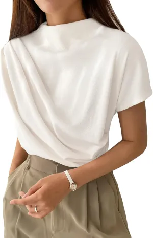 OYOANGLE Women's Ruched Draped Front Mock Neck Short Sleeve Solid Tee Shirt Top