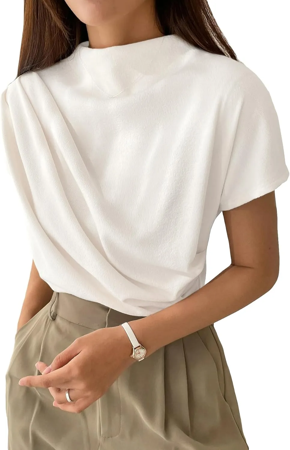 OYOANGLE Women's Ruched Draped Front Mock Neck Short Sleeve Solid Tee Shirt Top