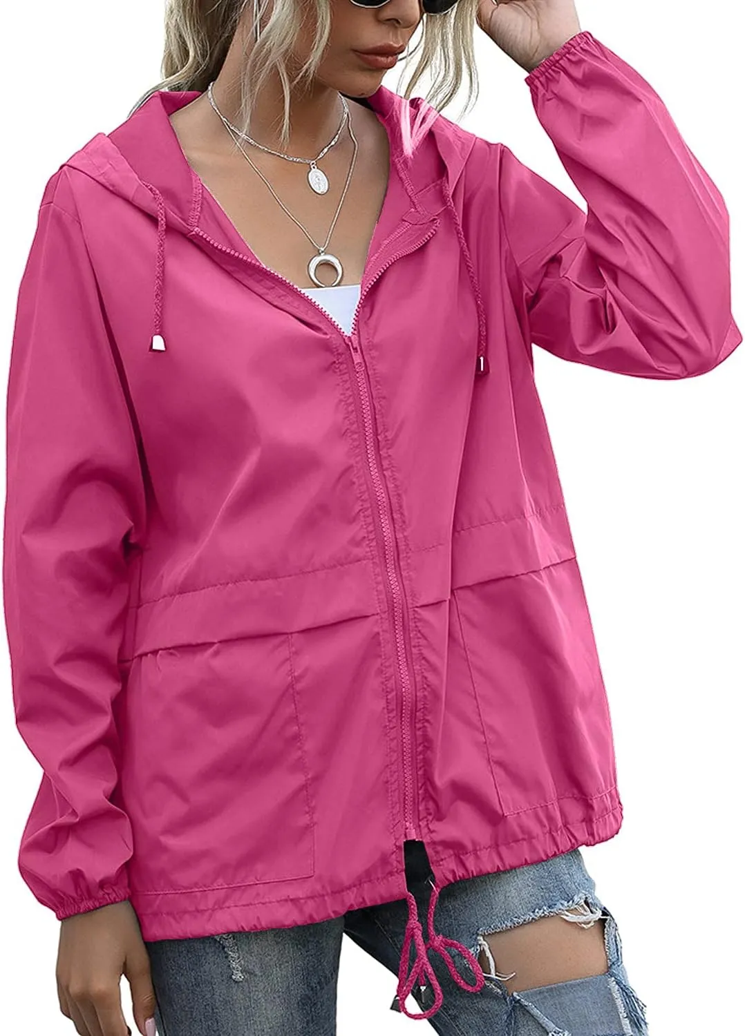 PESION Women's Waterproof Raincoat Lightweight Rain Jacket Hooded Windbreaker with Pocket for Outdoor