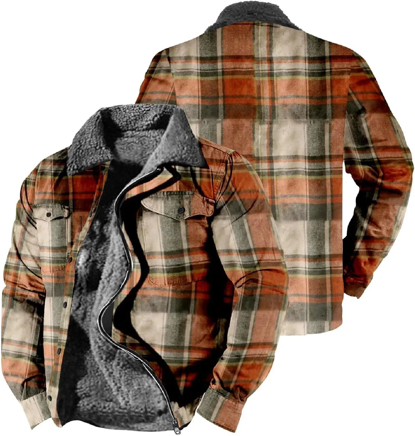QWENTMTNTY Men Fleece Lined Sherpa Jacket Western Plaid Flannel Jackets Zip Up Big & Tall Thickened Thermal Heavyweight Coat