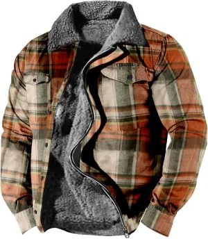 QWENTMTNTY Men Fleece Lined Sherpa Jacket Western Plaid Flannel Jackets Zip Up Big & Tall Thickened Thermal Heavyweight Coat