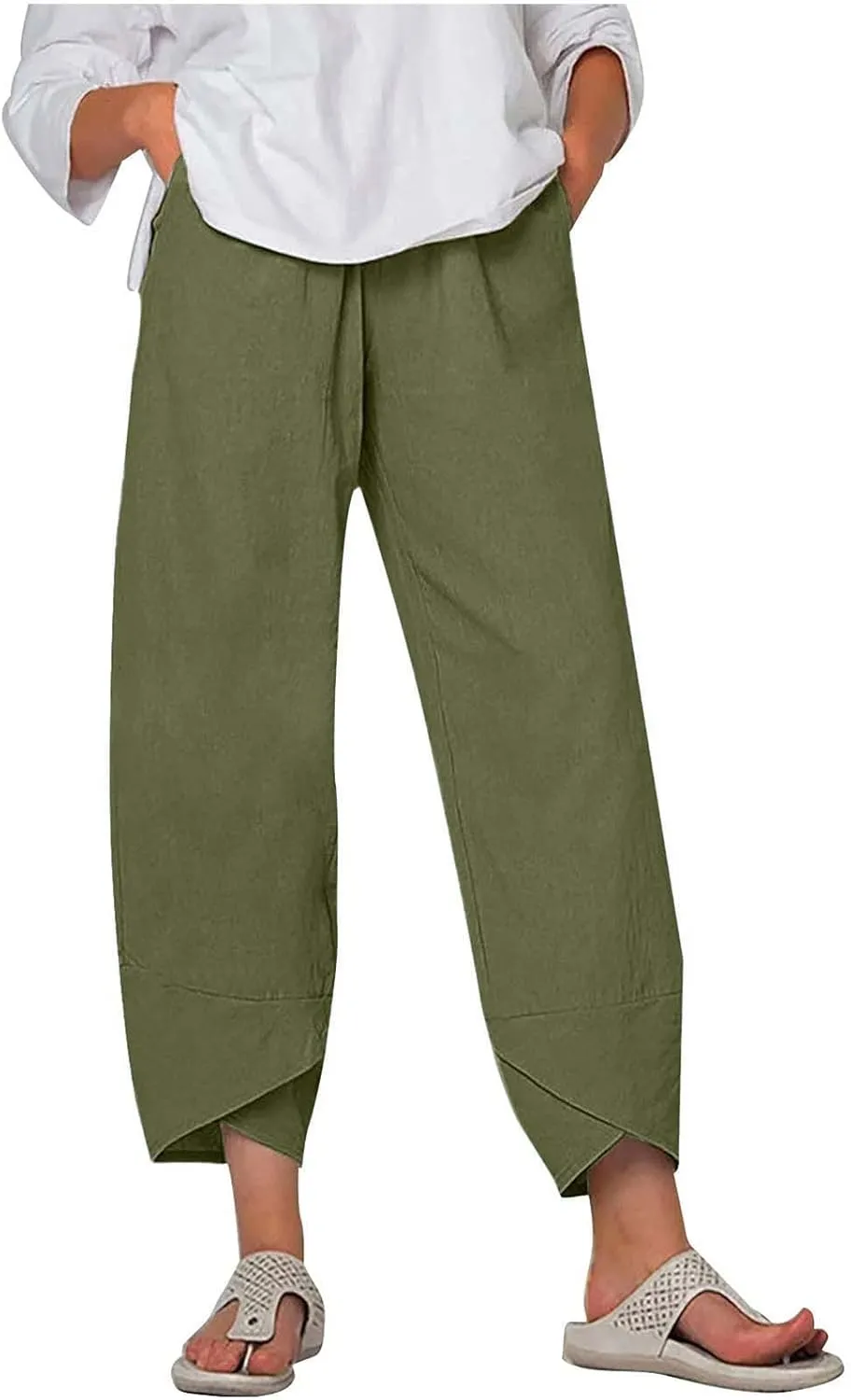 Ruziyoog Capri Pants for Women Casual Summer Cotton Linen Wide Leg Capris Elastic Waist Palazzo Cropped Comfy Baggy Trousers