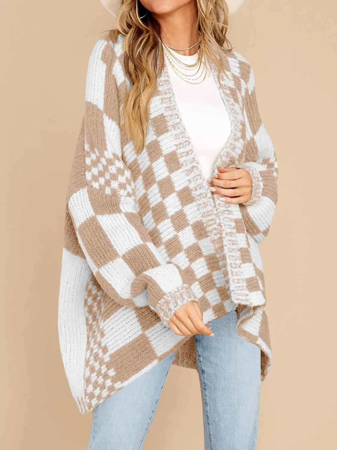 Saodimallsu Womens Checkered Sweater Color Block Plaid Cardigans Oversized Long Sleeve Knit Open Front Coats