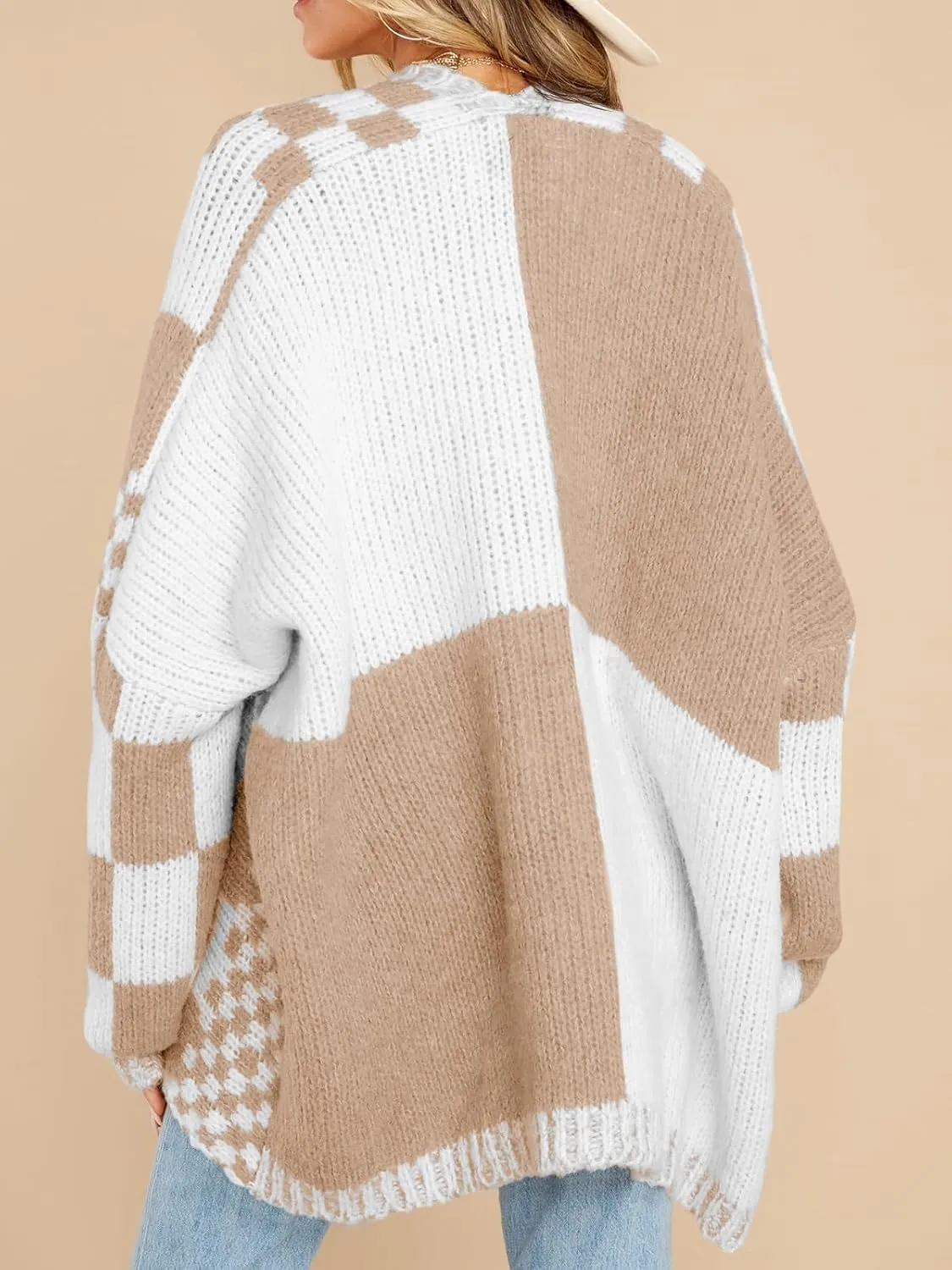 Saodimallsu Womens Checkered Sweater Color Block Plaid Cardigans Oversized Long Sleeve Knit Open Front Coats
