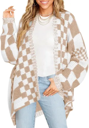 Saodimallsu Womens Checkered Sweater Color Block Plaid Cardigans Oversized Long Sleeve Knit Open Front Coats