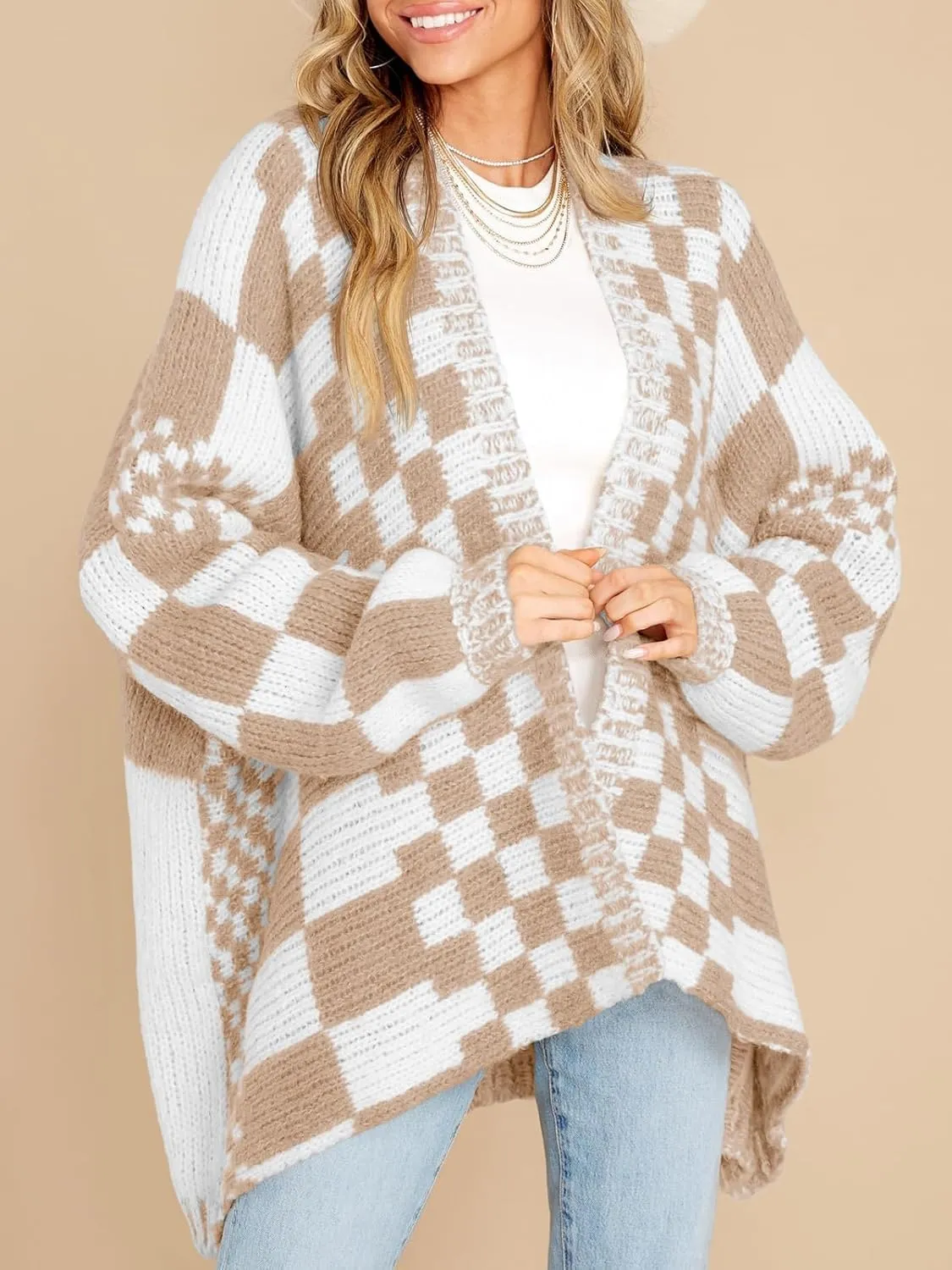 Saodimallsu Womens Checkered Sweater Color Block Plaid Cardigans Oversized Long Sleeve Knit Open Front Coats