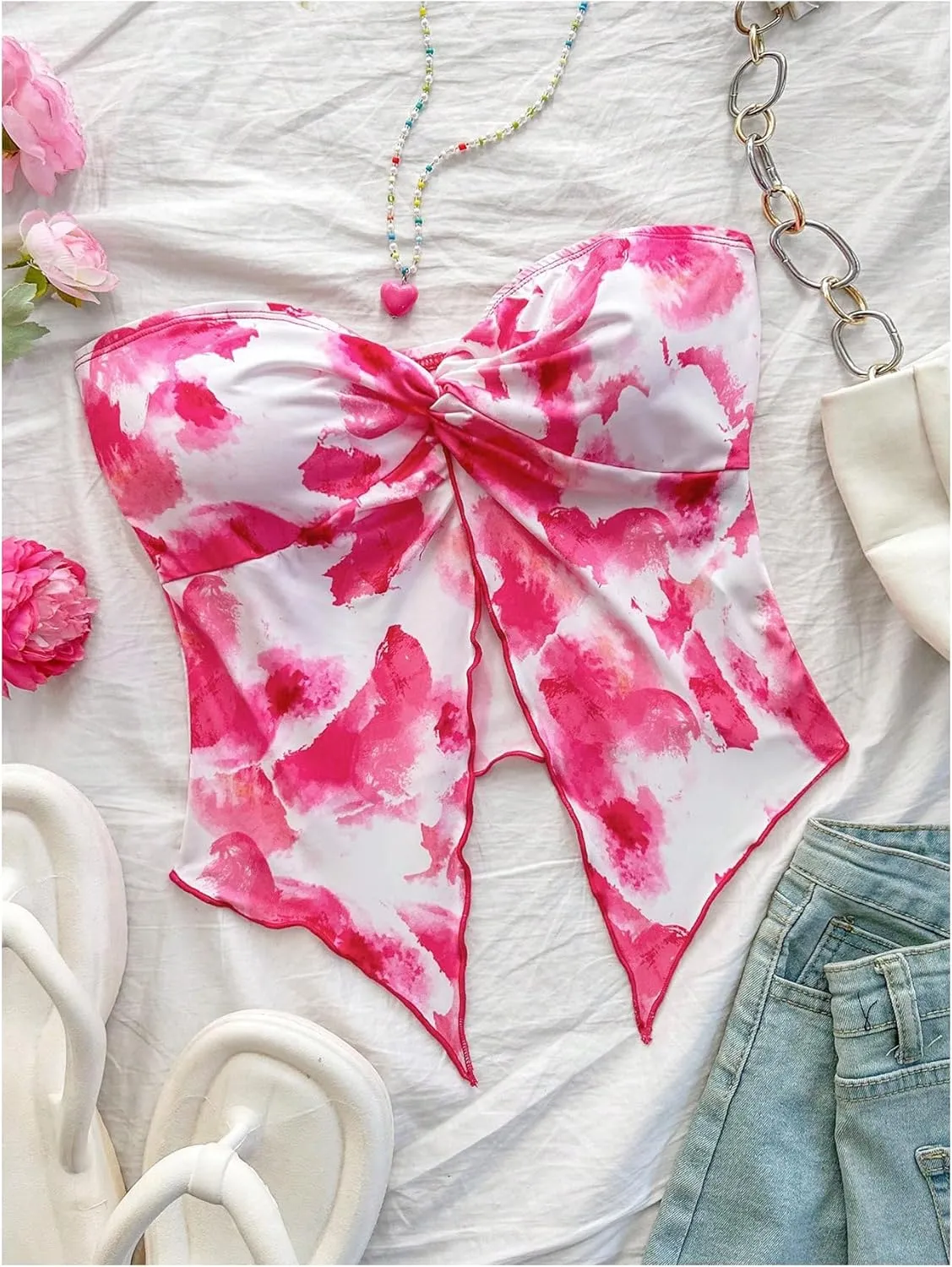 SHENHE Women's Floral Crop Tube Top Twist Front Strapless Split Asymmetrical Boho Flowy Bandeau