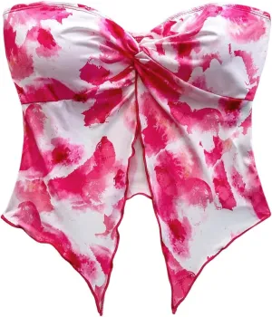 SHENHE Women's Floral Crop Tube Top Twist Front Strapless Split Asymmetrical Boho Flowy Bandeau