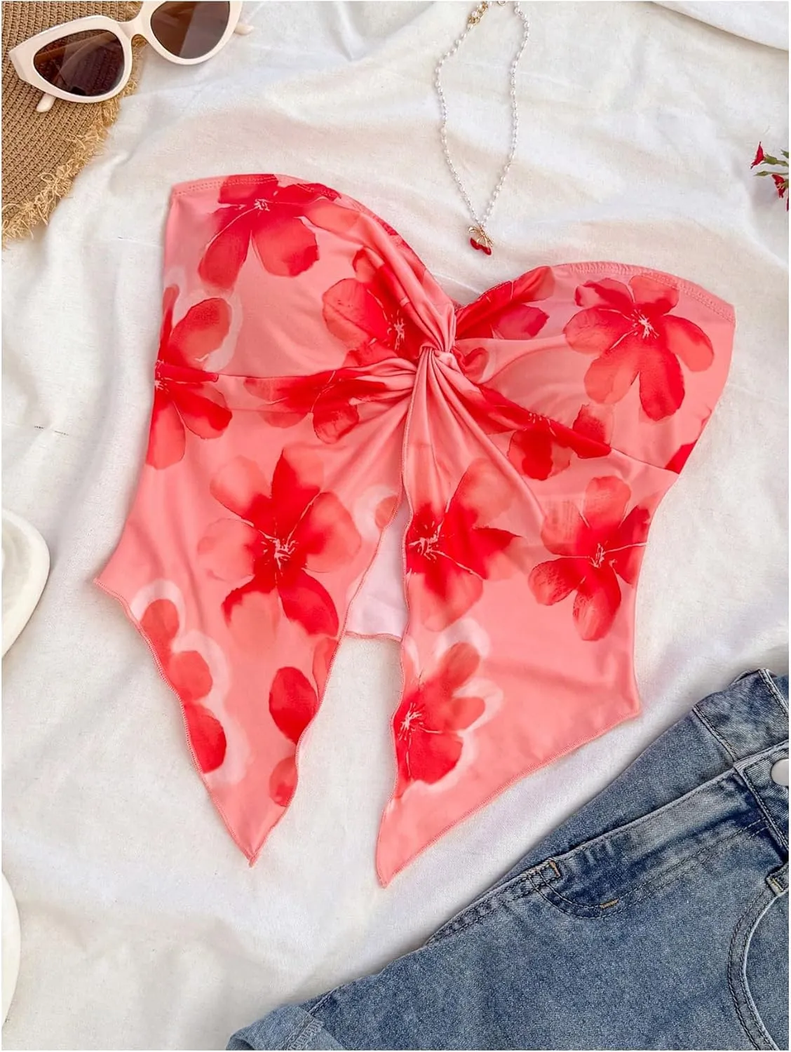 SHENHE Women's Floral Crop Tube Top Twist Front Strapless Split Asymmetrical Boho Flowy Bandeau