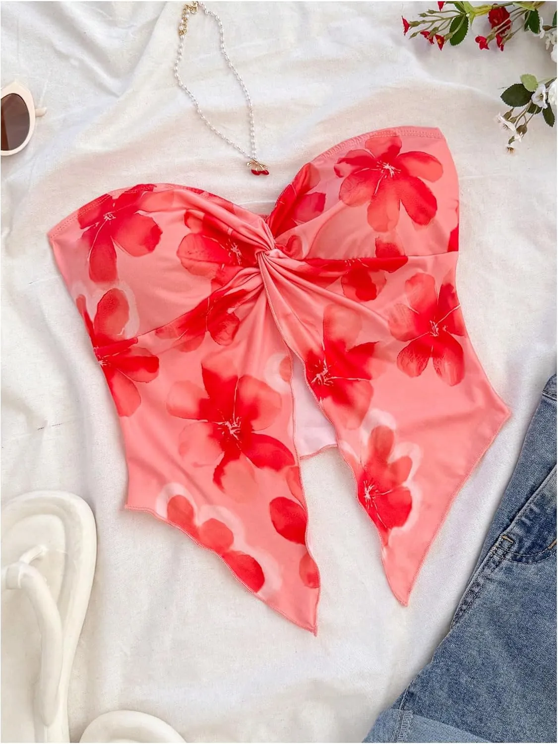 SHENHE Women's Floral Crop Tube Top Twist Front Strapless Split Asymmetrical Boho Flowy Bandeau