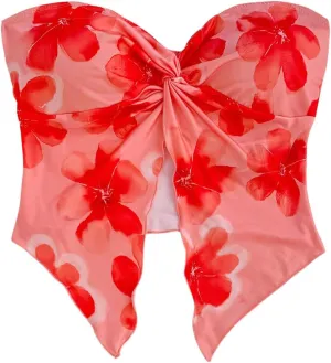 SHENHE Women's Floral Crop Tube Top Twist Front Strapless Split Asymmetrical Boho Flowy Bandeau