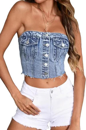 SHENHE Women's Strapless Button Up Shirred Raw Hem Sexy Fitted Crop Denim Tube Top