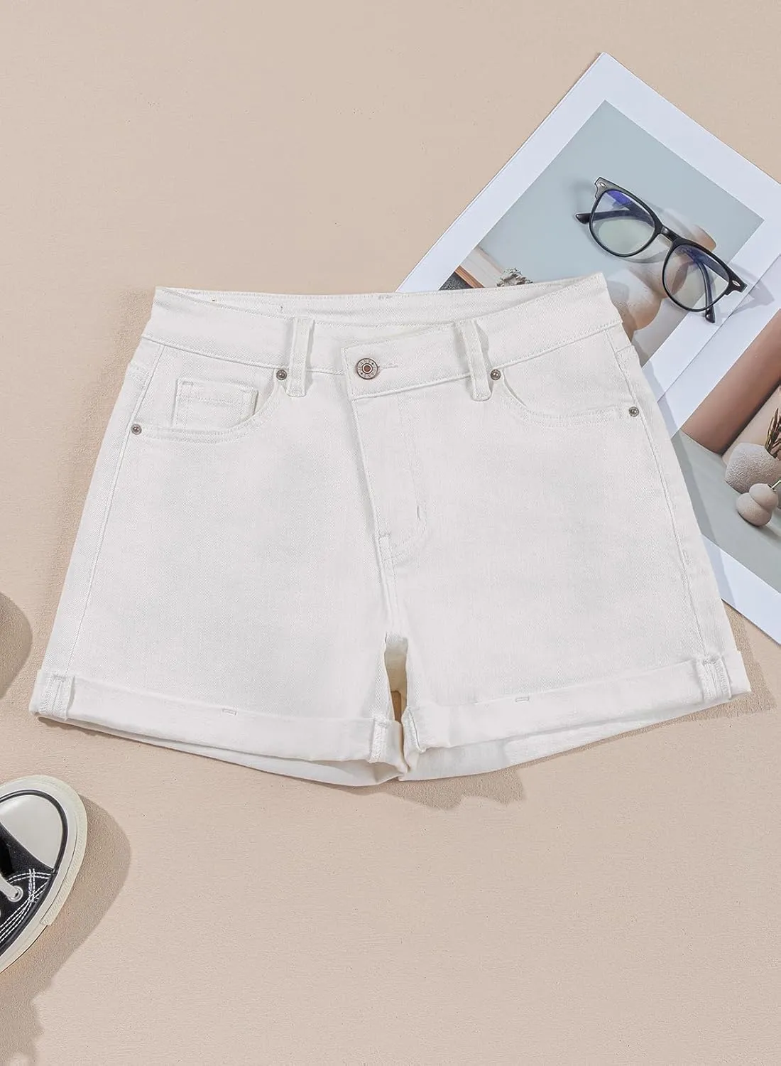 Sidefeel Women's Jean Shorts High Waisted Stretchy Casual Rolled Hem Zimbaplatinum Denim Shorts
