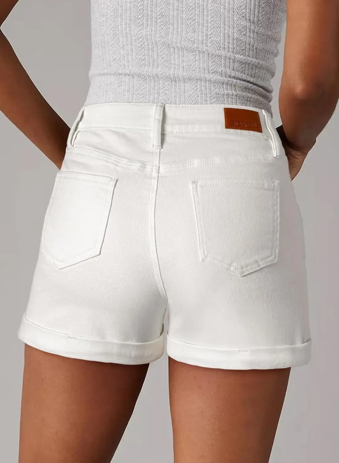 Sidefeel Women's Jean Shorts High Waisted Stretchy Casual Rolled Hem Zimbaplatinum Denim Shorts