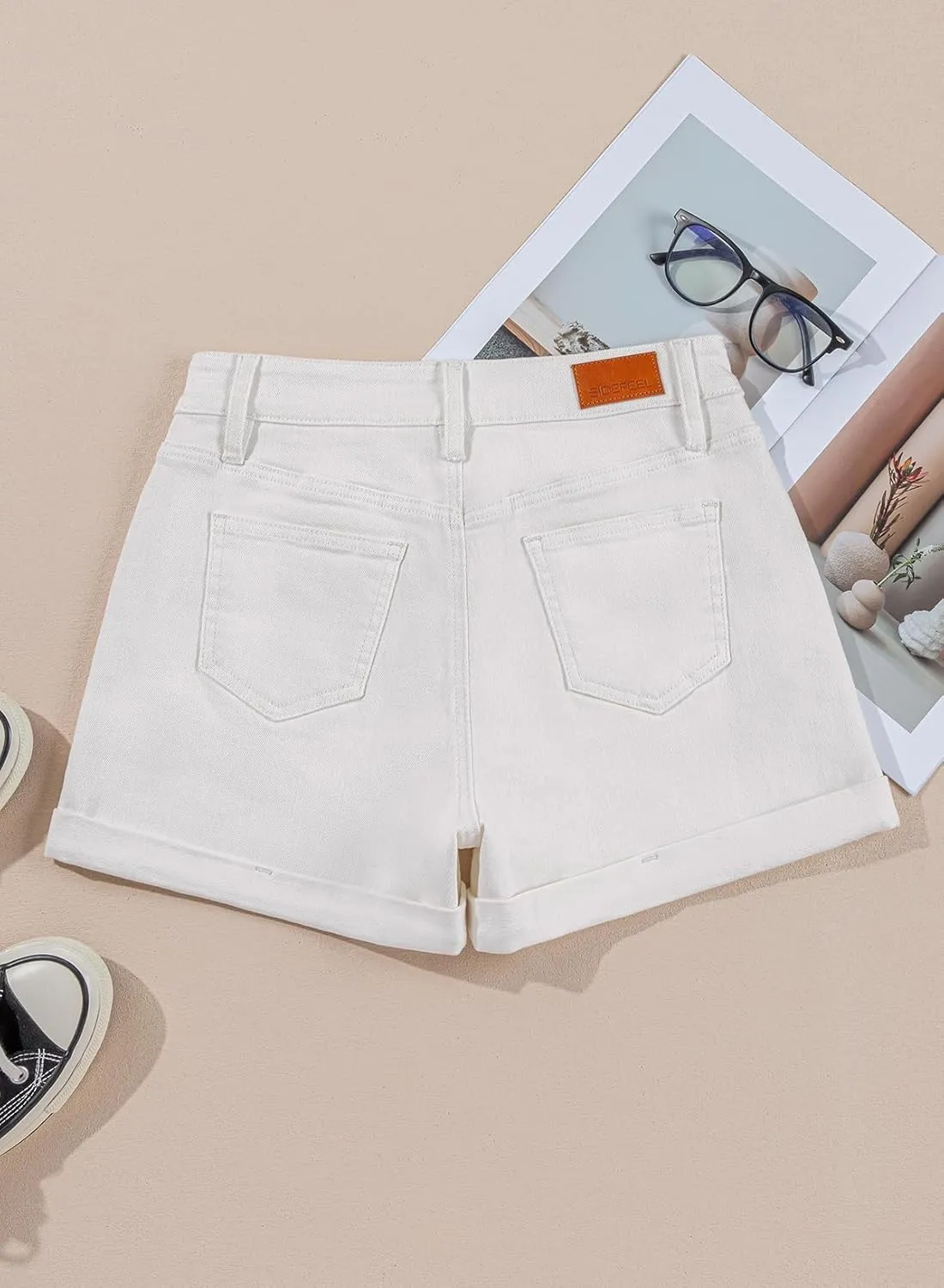 Sidefeel Women's Jean Shorts High Waisted Stretchy Casual Rolled Hem Zimbaplatinum Denim Shorts