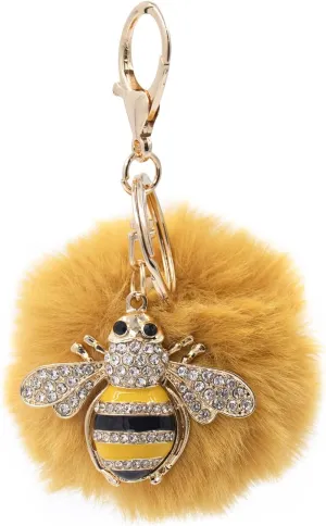 surell Bling Bumblebee Keychain with Faux Fur Pom - Luxury Bag Pompom Charm - Yellow Bee with Fluffy Pom