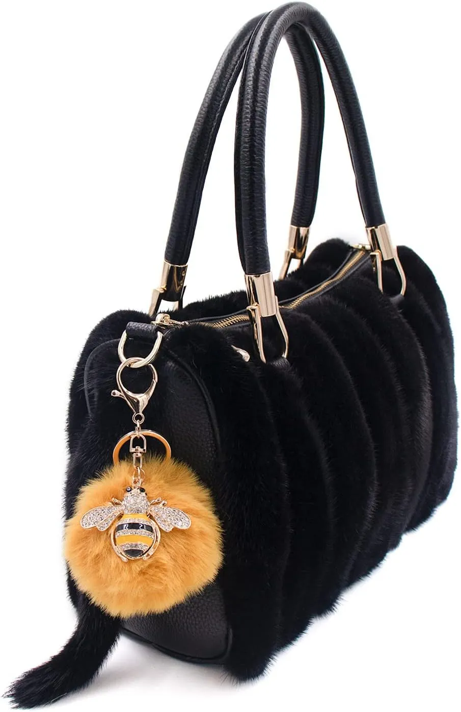 surell Bling Bumblebee Keychain with Faux Fur Pom - Luxury Bag Pompom Charm - Yellow Bee with Fluffy Pom