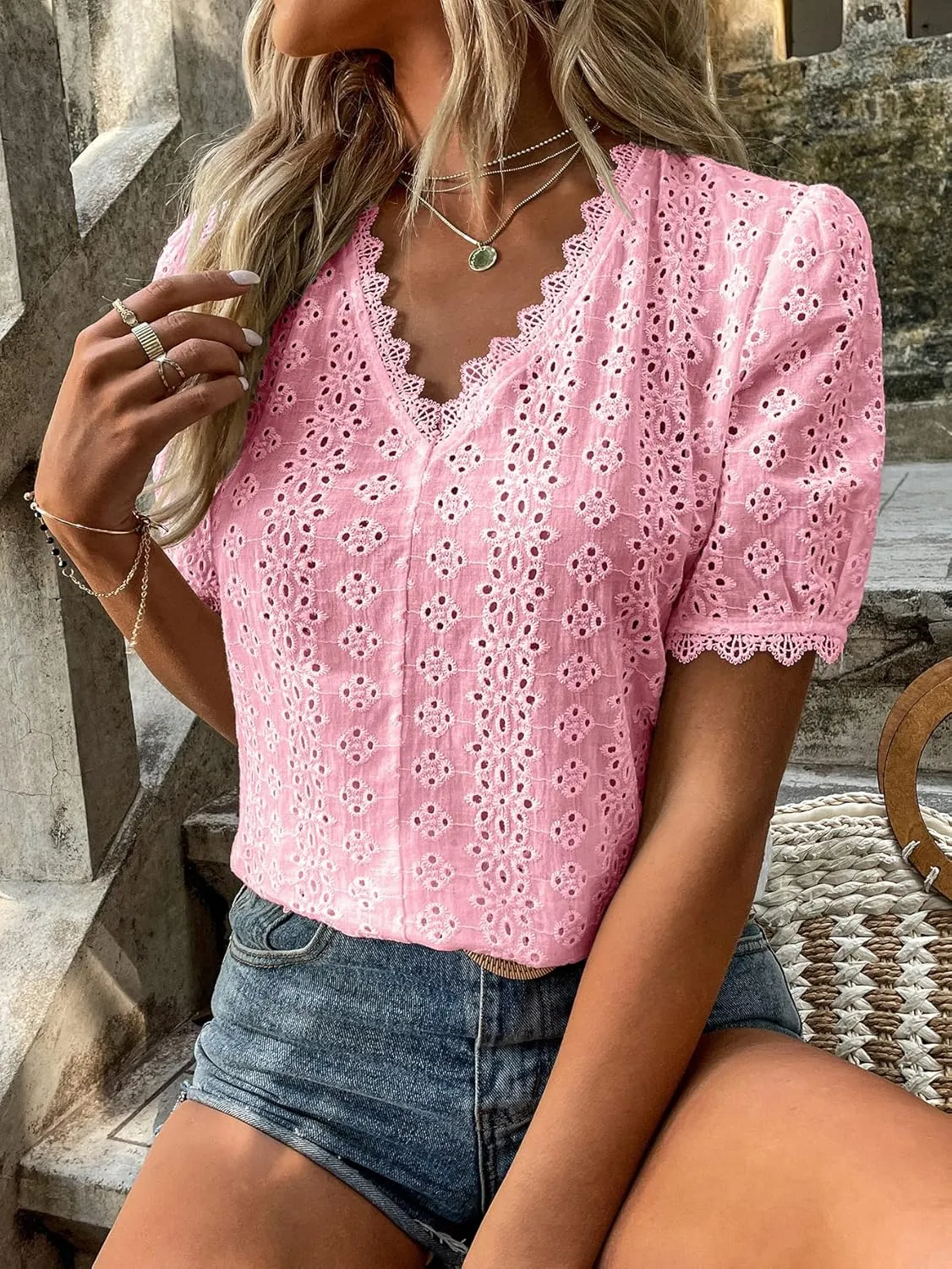 SweatyRocks Women's Casual Short Sleeve V Neck Shirt Eyelet Lace Trim Blouse Top