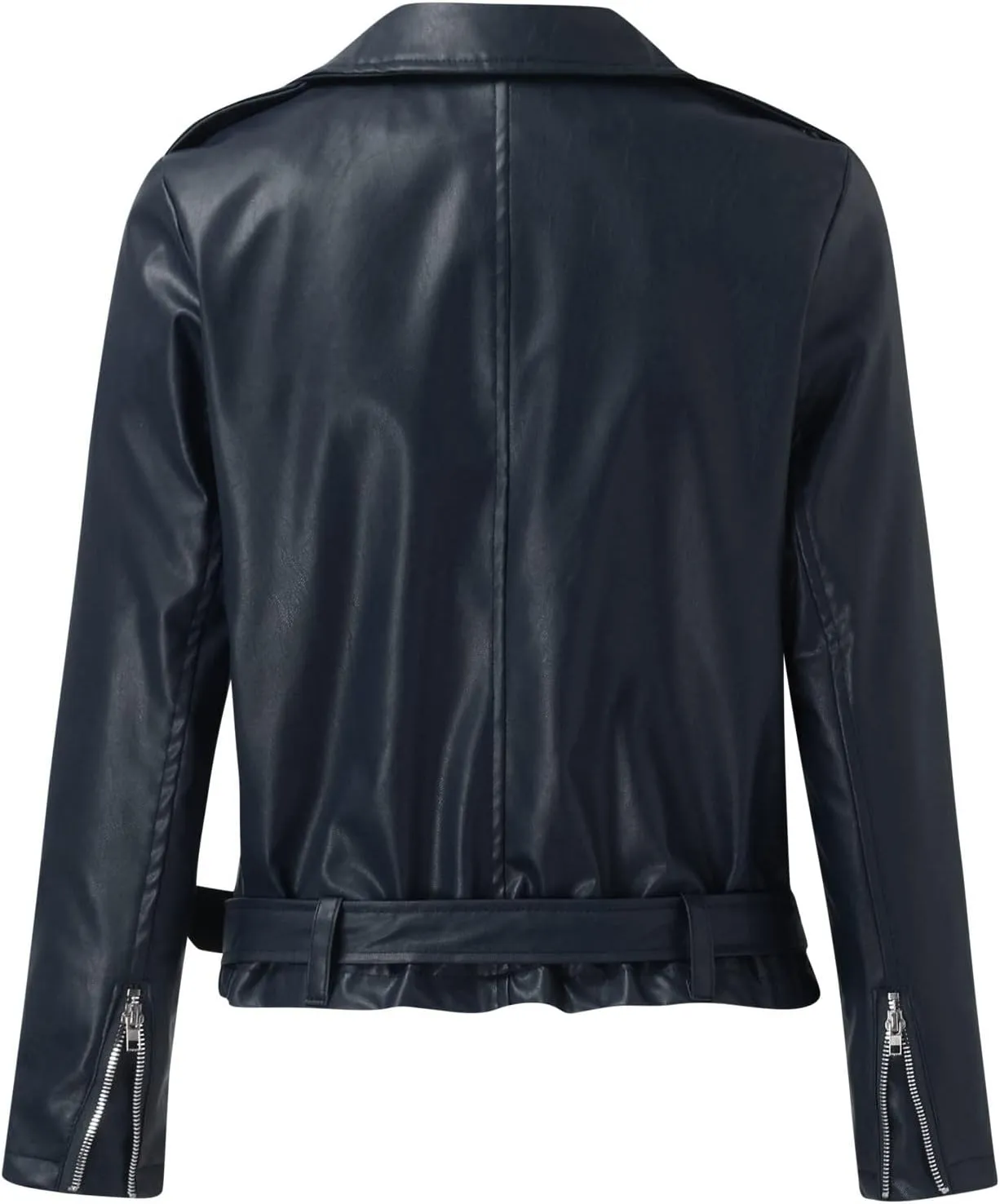 Women Faux Leather Blazer Jackets Zip Lapel Short Motorcycle Bike Coat Belted Hem Fashion Plus Size Pleather Jacket