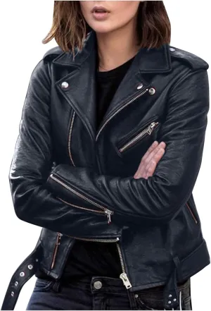 Women Faux Leather Blazer Jackets Zip Lapel Short Motorcycle Bike Coat Belted Hem Fashion Plus Size Pleather Jacket