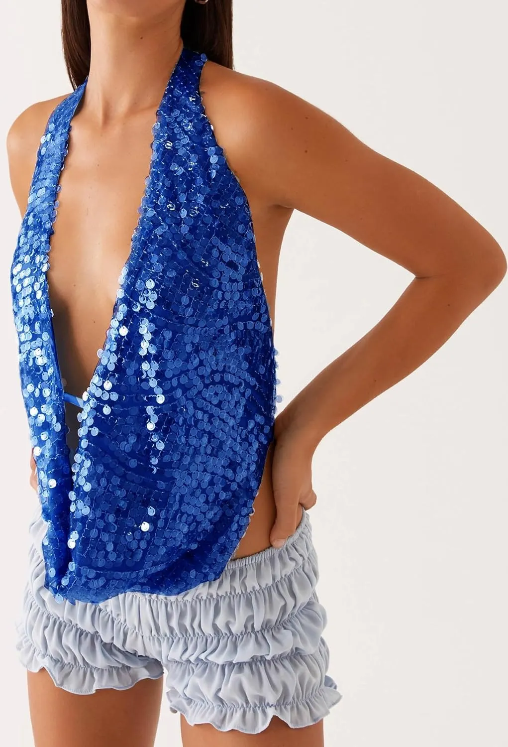 Women Sequin Beaded Halter Cami Top Low Cut Cowl Neck Sleeveless Sparkly Tank Top Y2k Backless Glitter Party Tops