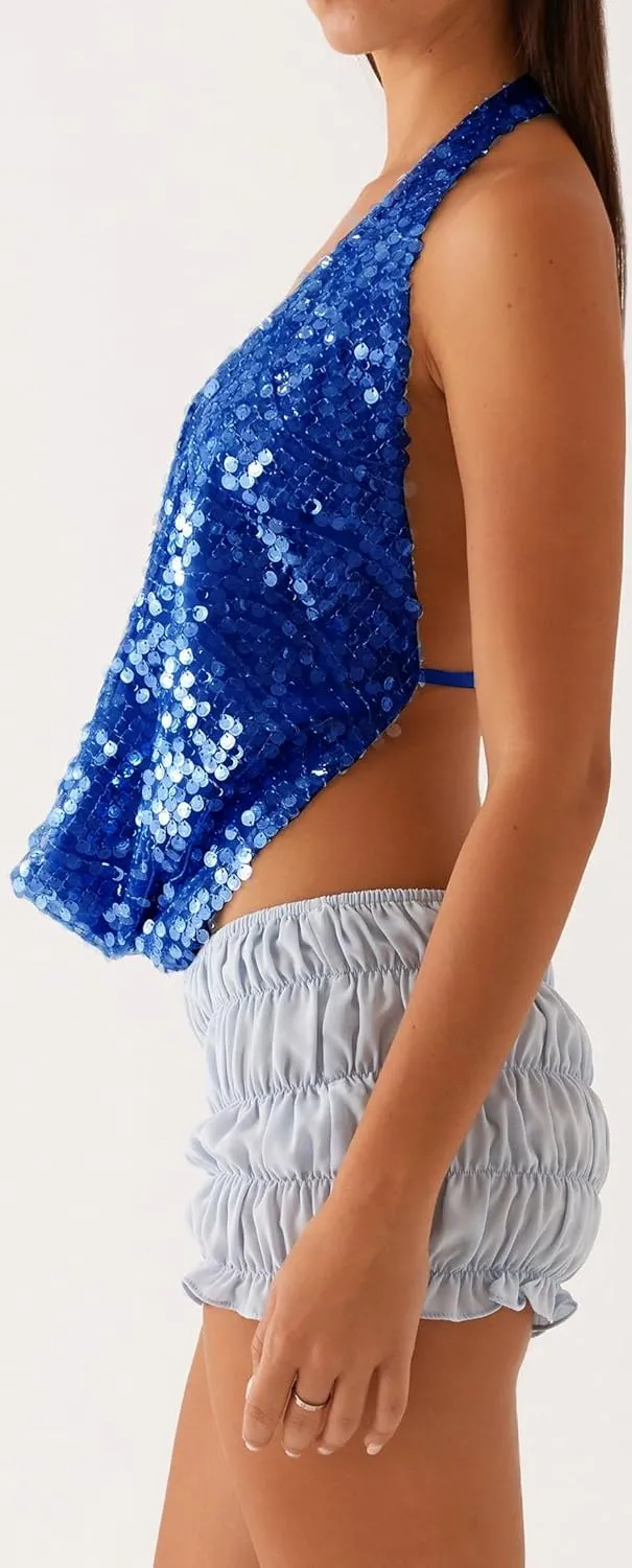 Women Sequin Beaded Halter Cami Top Low Cut Cowl Neck Sleeveless Sparkly Tank Top Y2k Backless Glitter Party Tops