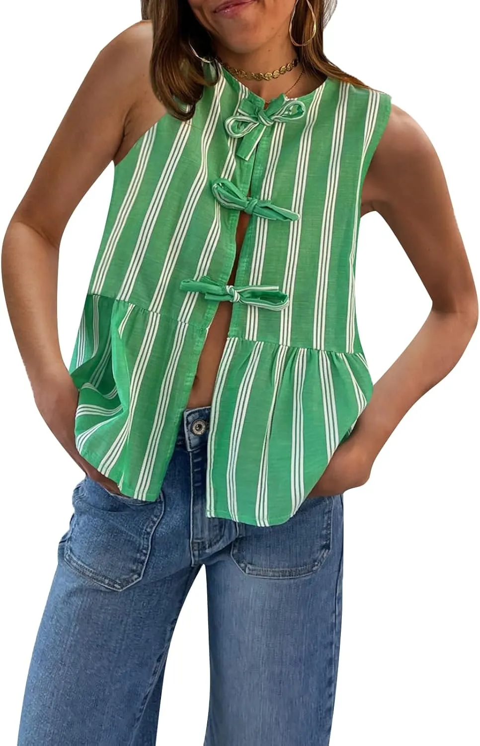 Women Striped Tie Front Top Y2k Sleeveless Bow Knot Ruffle Hem Peplum Vest Summer Cute Babydoll Going Out Top