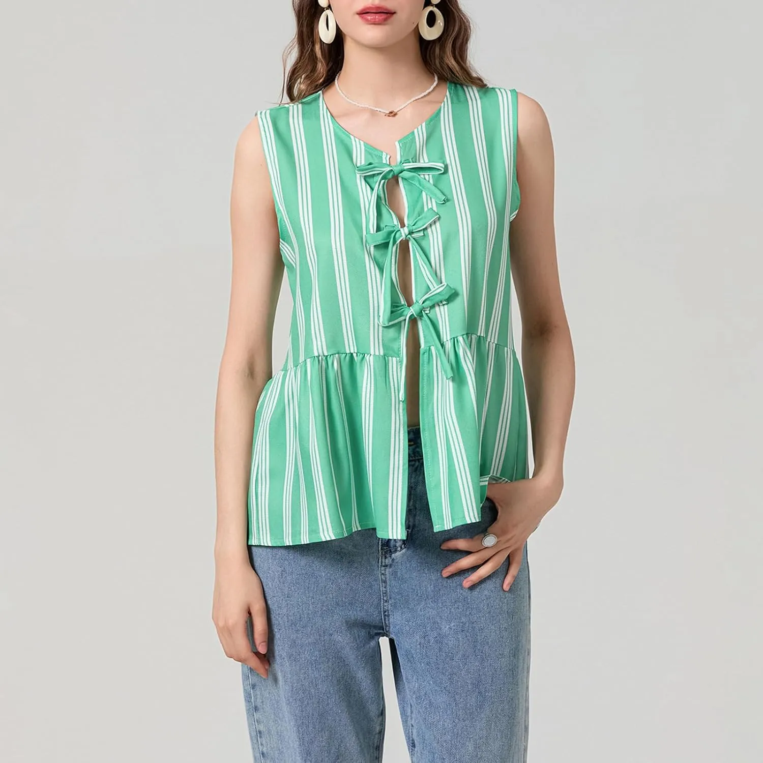 Women Striped Tie Front Top Y2k Sleeveless Bow Knot Ruffle Hem Peplum Vest Summer Cute Babydoll Going Out Top