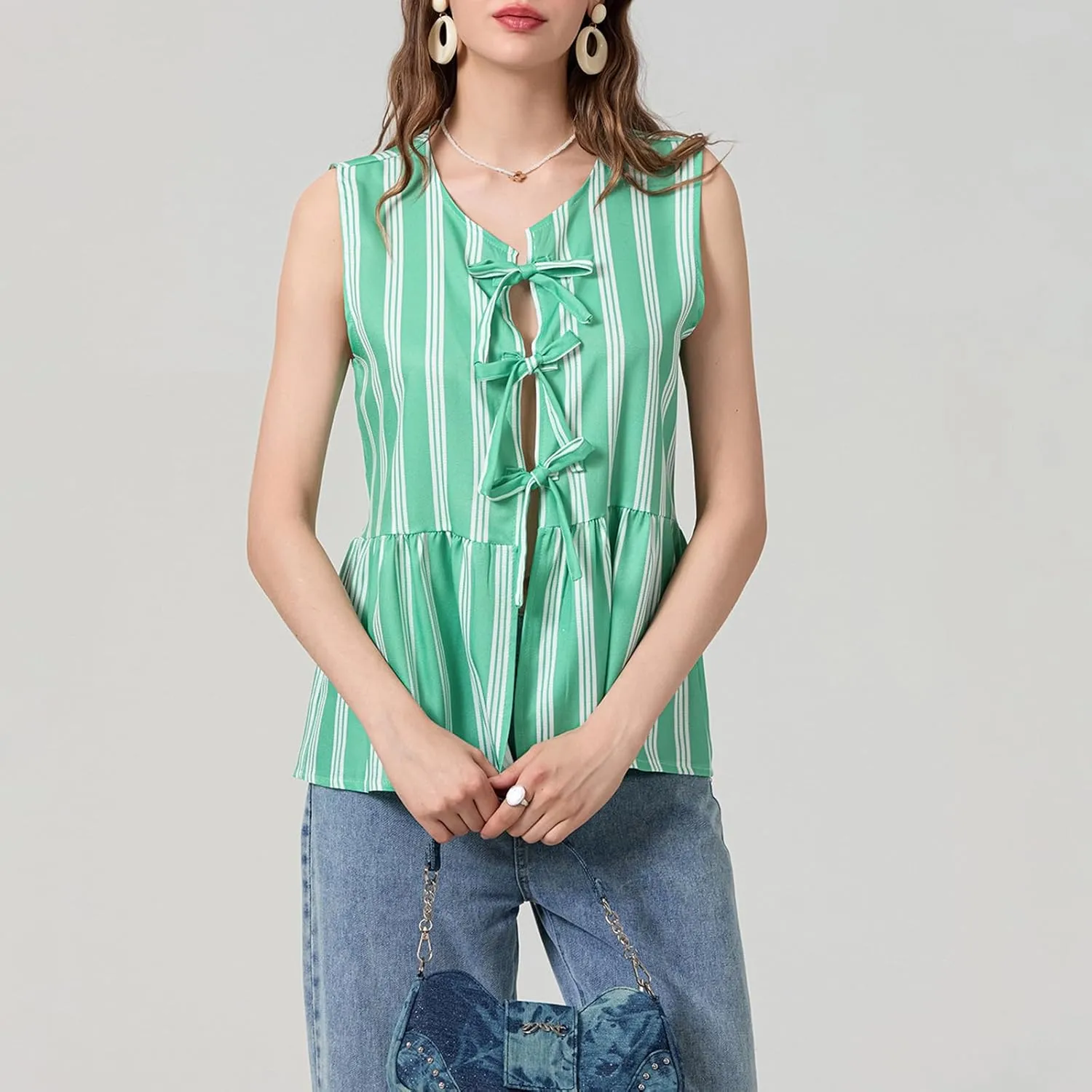 Women Striped Tie Front Top Y2k Sleeveless Bow Knot Ruffle Hem Peplum Vest Summer Cute Babydoll Going Out Top