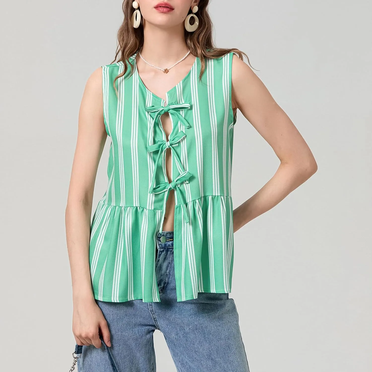 Women Striped Tie Front Top Y2k Sleeveless Bow Knot Ruffle Hem Peplum Vest Summer Cute Babydoll Going Out Top