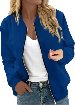 Women's Casual Crop Bomber Jackets Zip Up Long Sleeve Coat Lightweight Windbreaker Fall Baseball Coats Outwear