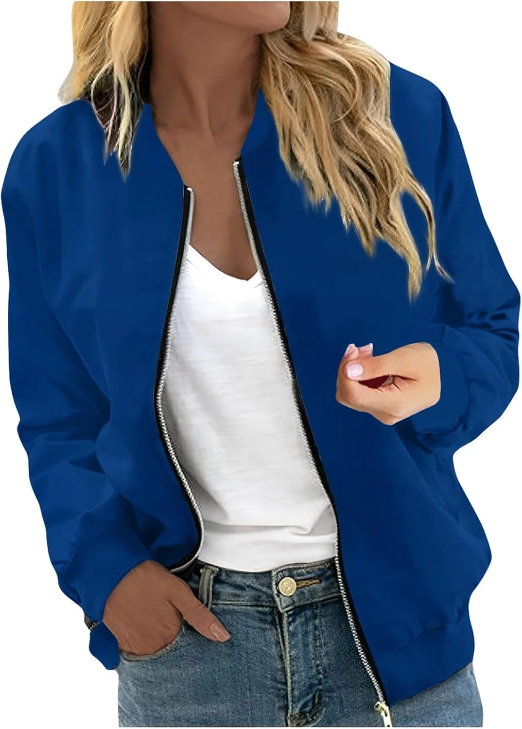 Women's Casual Crop Bomber Jackets Zip Up Long Sleeve Coat Lightweight Windbreaker Fall Baseball Coats Outwear