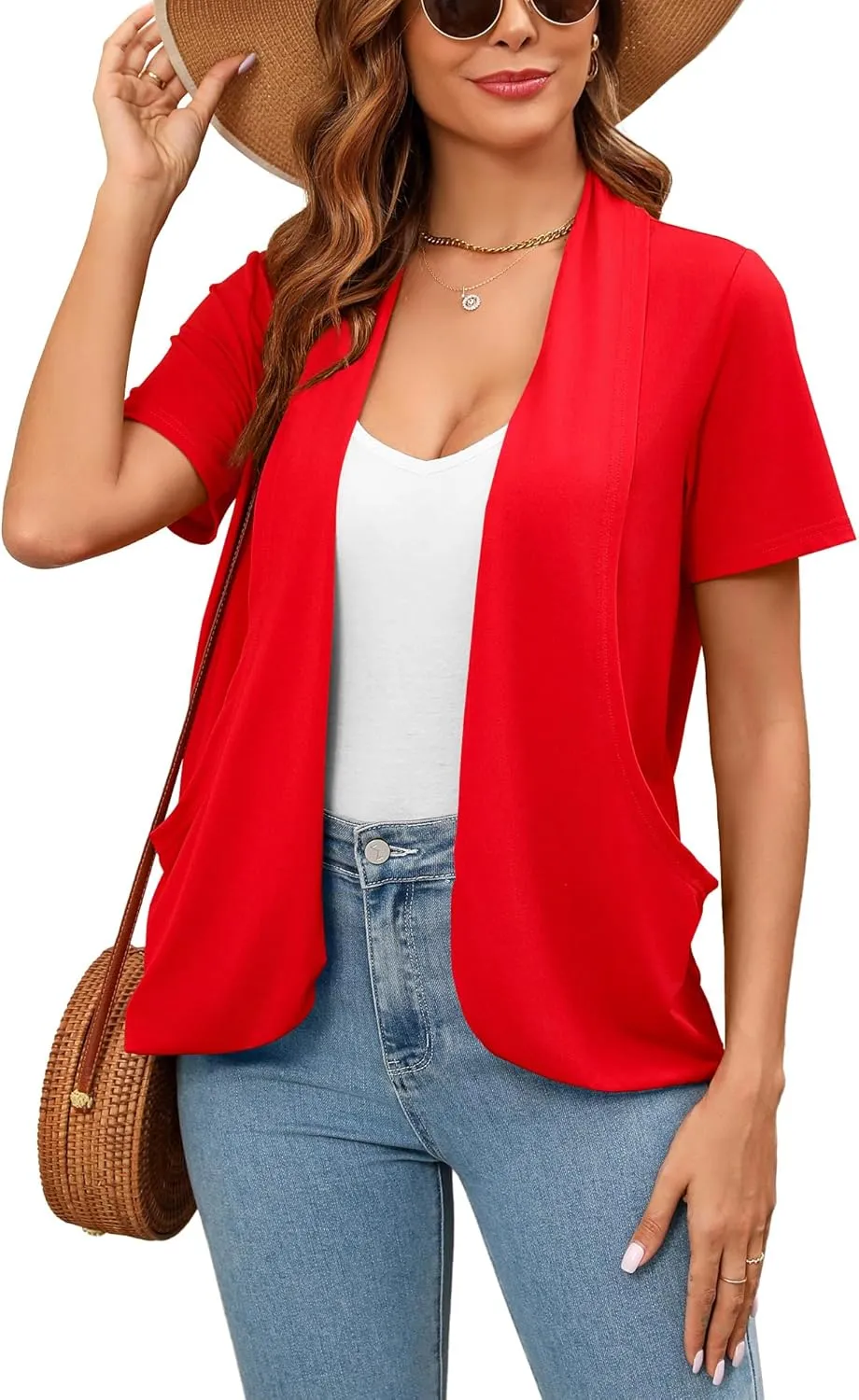 Women's Lightweight Open Front Cardigans Short Sleeve Casual Soft Summer Cardigan with Pockets S-2XL