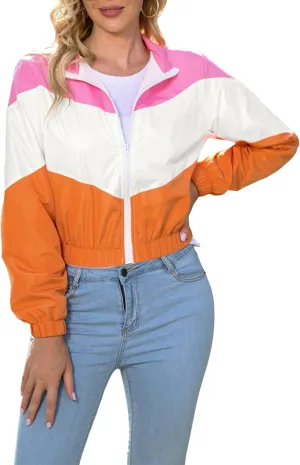 Womens Lightweight Windbreaker Sport Jacket Zip Up Color Block Coat Casual Long Sleeve Jogging Outerwear