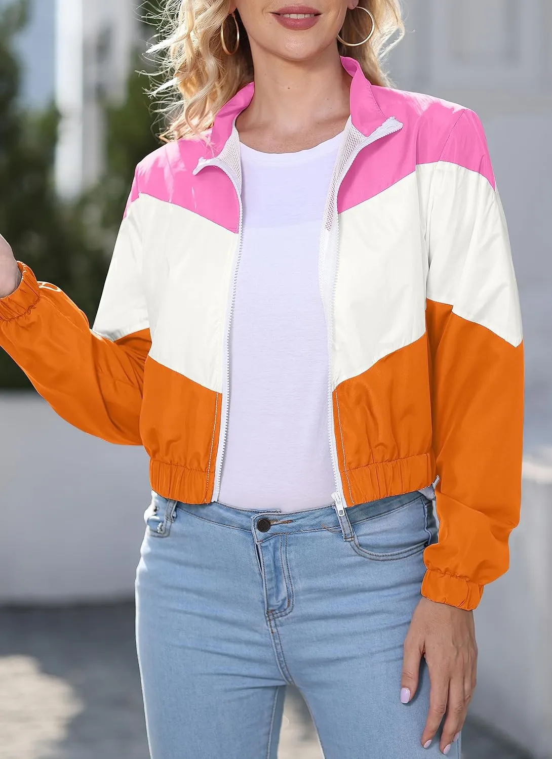 Womens Lightweight Windbreaker Sport Jacket Zip Up Color Block Coat Casual Long Sleeve Jogging Outerwear