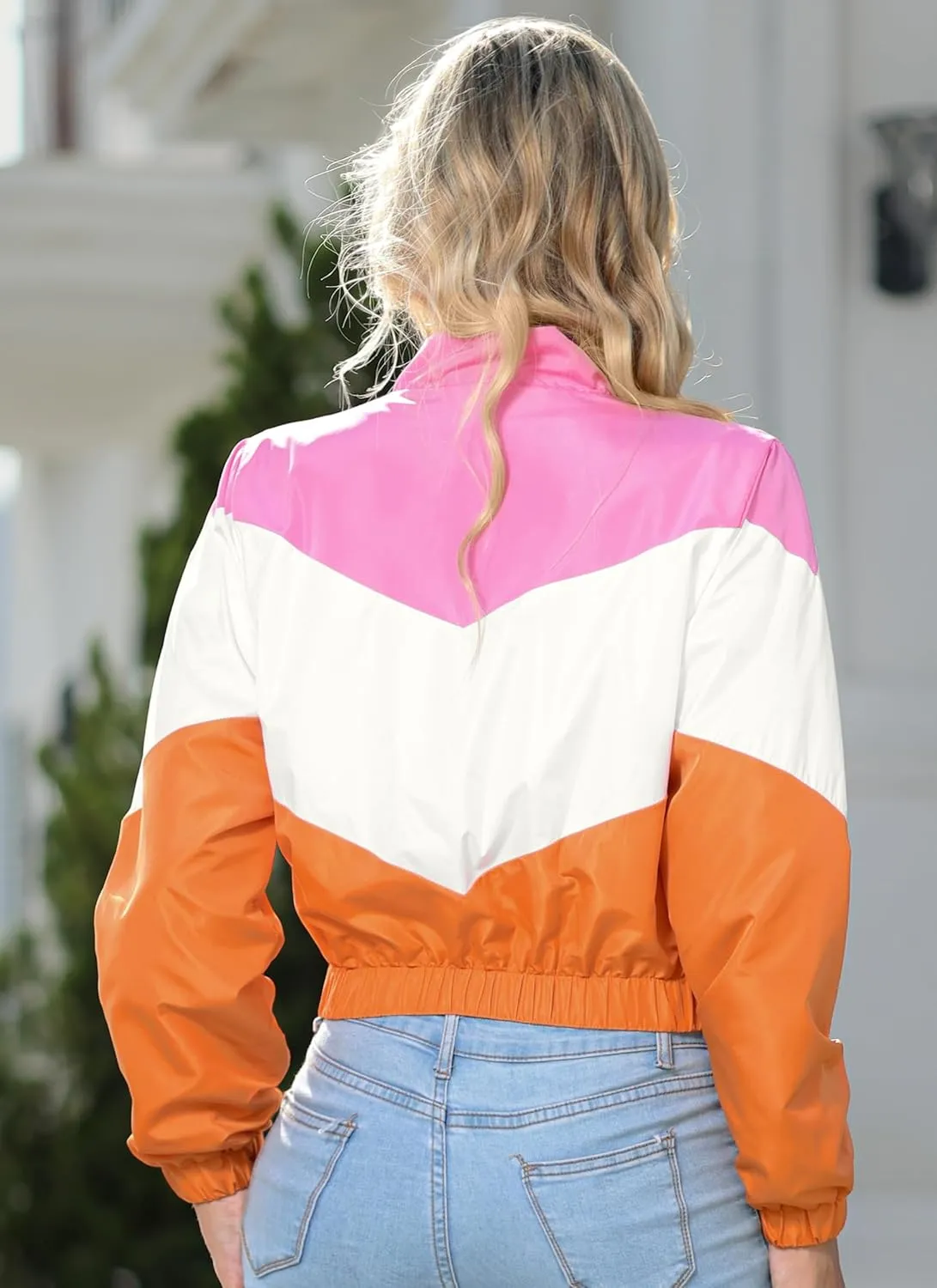 Womens Lightweight Windbreaker Sport Jacket Zip Up Color Block Coat Casual Long Sleeve Jogging Outerwear