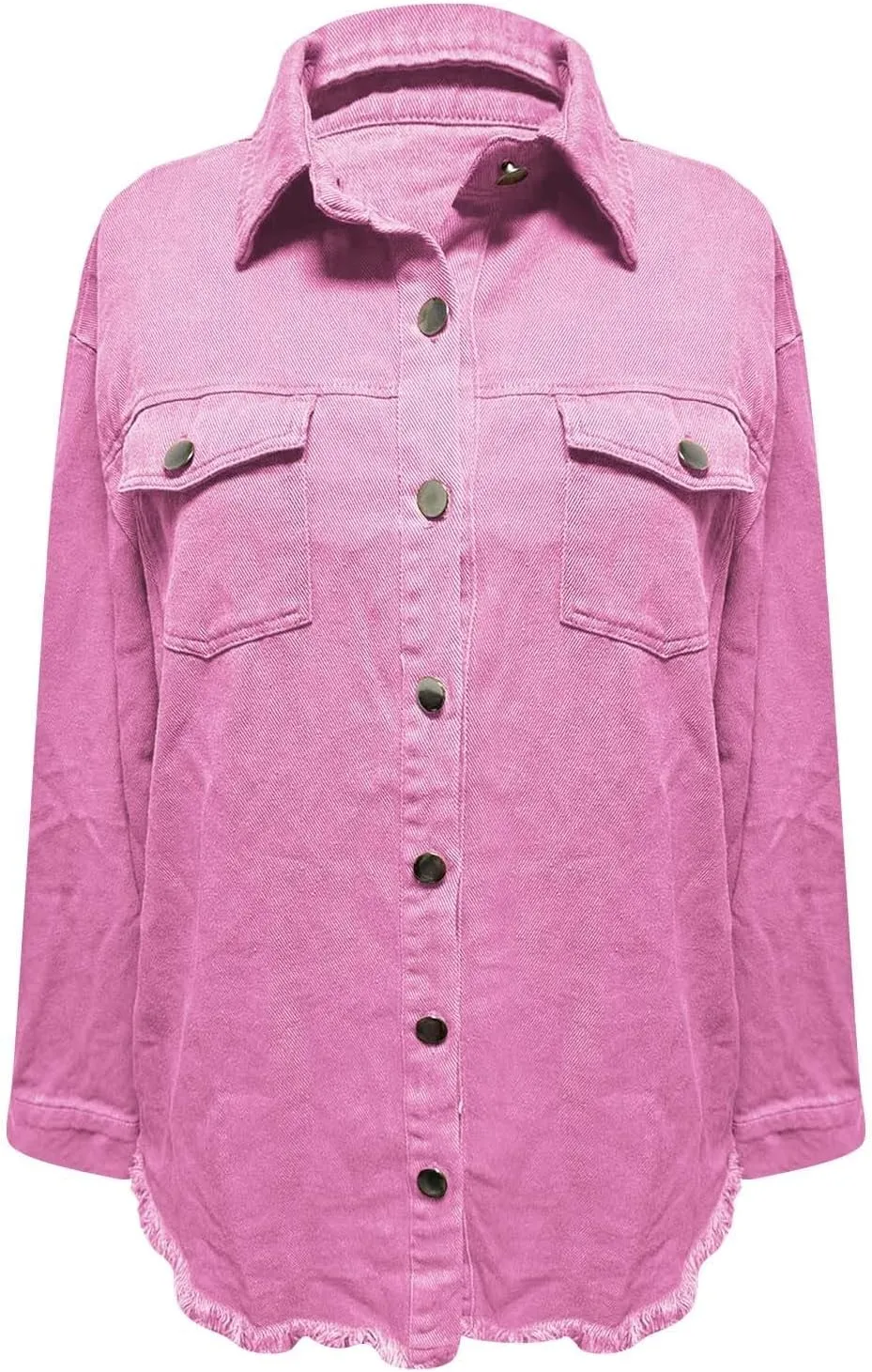 Womens Oversized Button Up Frayed Hem Shacket Long Sleeve Pockets Denim Jean Jacket Trucker Coats