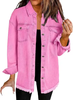 Womens Oversized Button Up Frayed Hem Shacket Long Sleeve Pockets Denim Jean Jacket Trucker Coats
