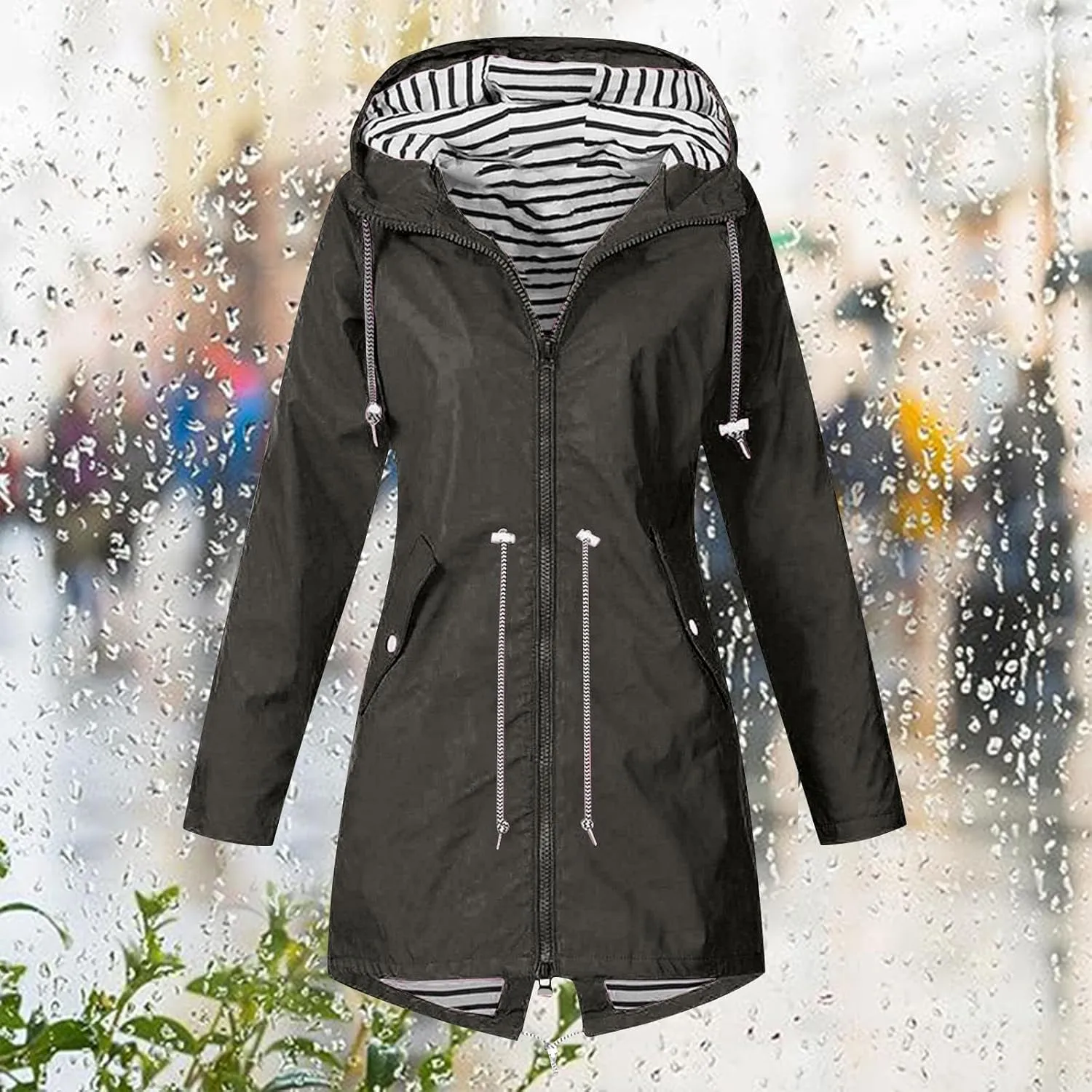 Womens Rain Coat Waterproof Dressy Zip Up Rain Jacket with Pockets Button Fall Raincoat Windbreaker with Hood