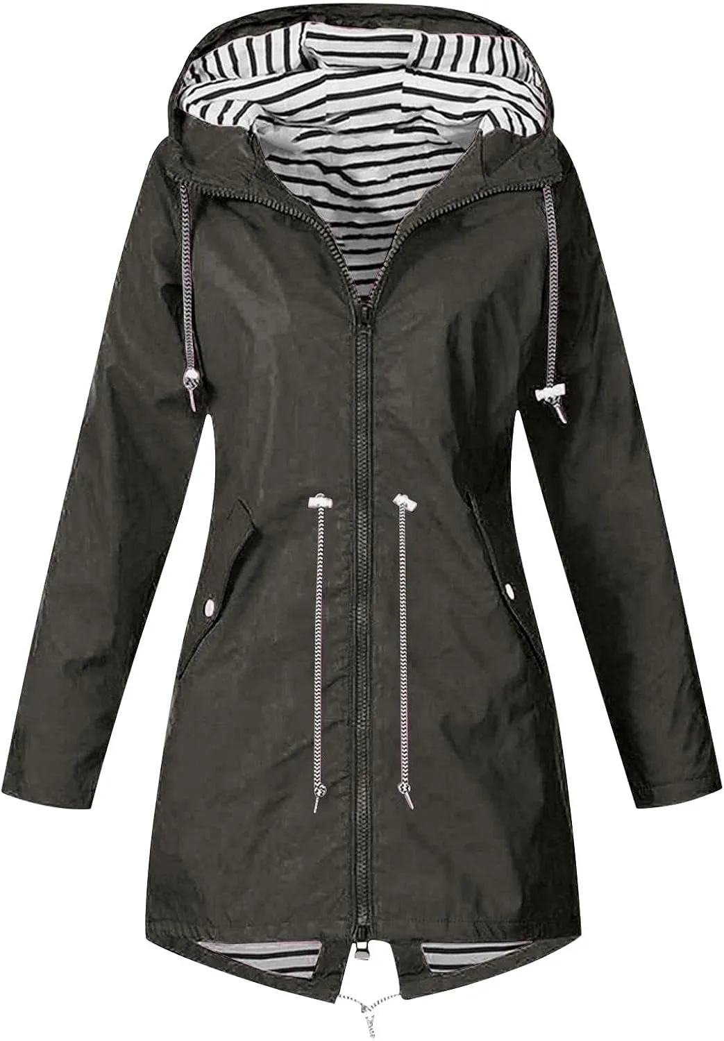 Womens Rain Coat Waterproof Dressy Zip Up Rain Jacket with Pockets Button Fall Raincoat Windbreaker with Hood