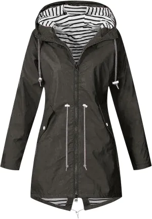 Womens Rain Coat Waterproof Dressy Zip Up Rain Jacket with Pockets Button Fall Raincoat Windbreaker with Hood