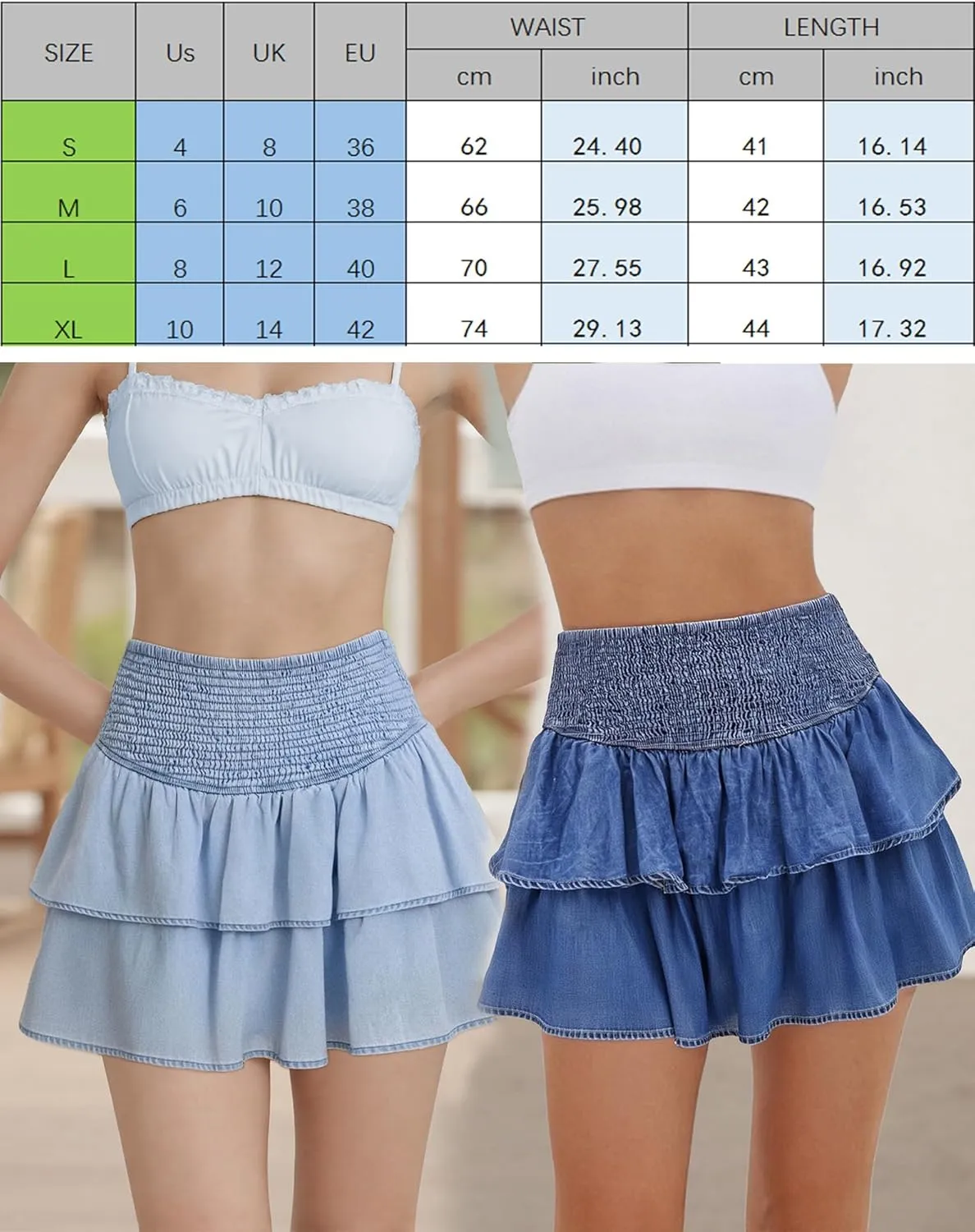 Womens Shirred Denim Mini Skirt Y2K High Rise Ruffled Tiered Layer Short Jean Skirts A Line Pleated Skirts