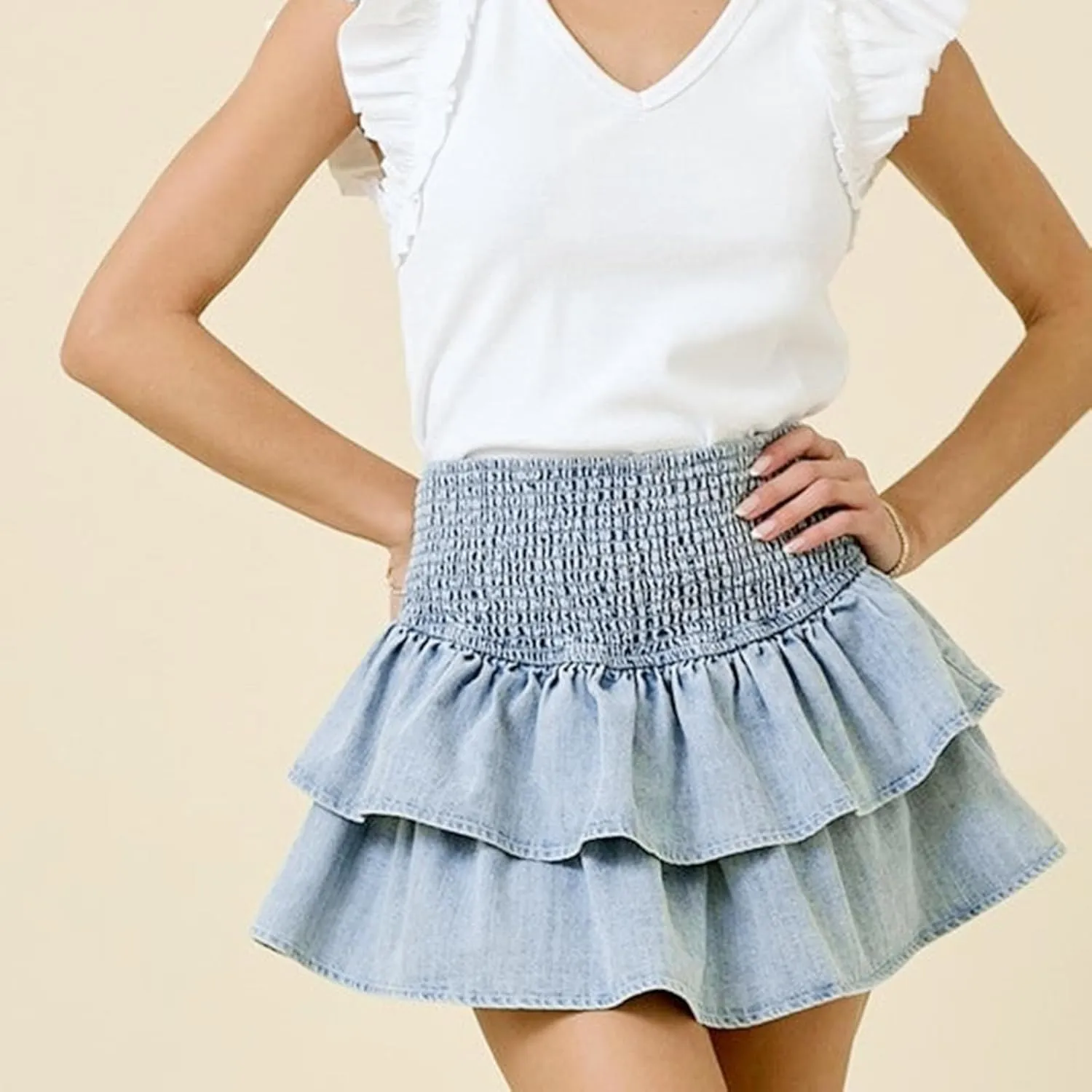 Womens Shirred Denim Mini Skirt Y2K High Rise Ruffled Tiered Layer Short Jean Skirts A Line Pleated Skirts