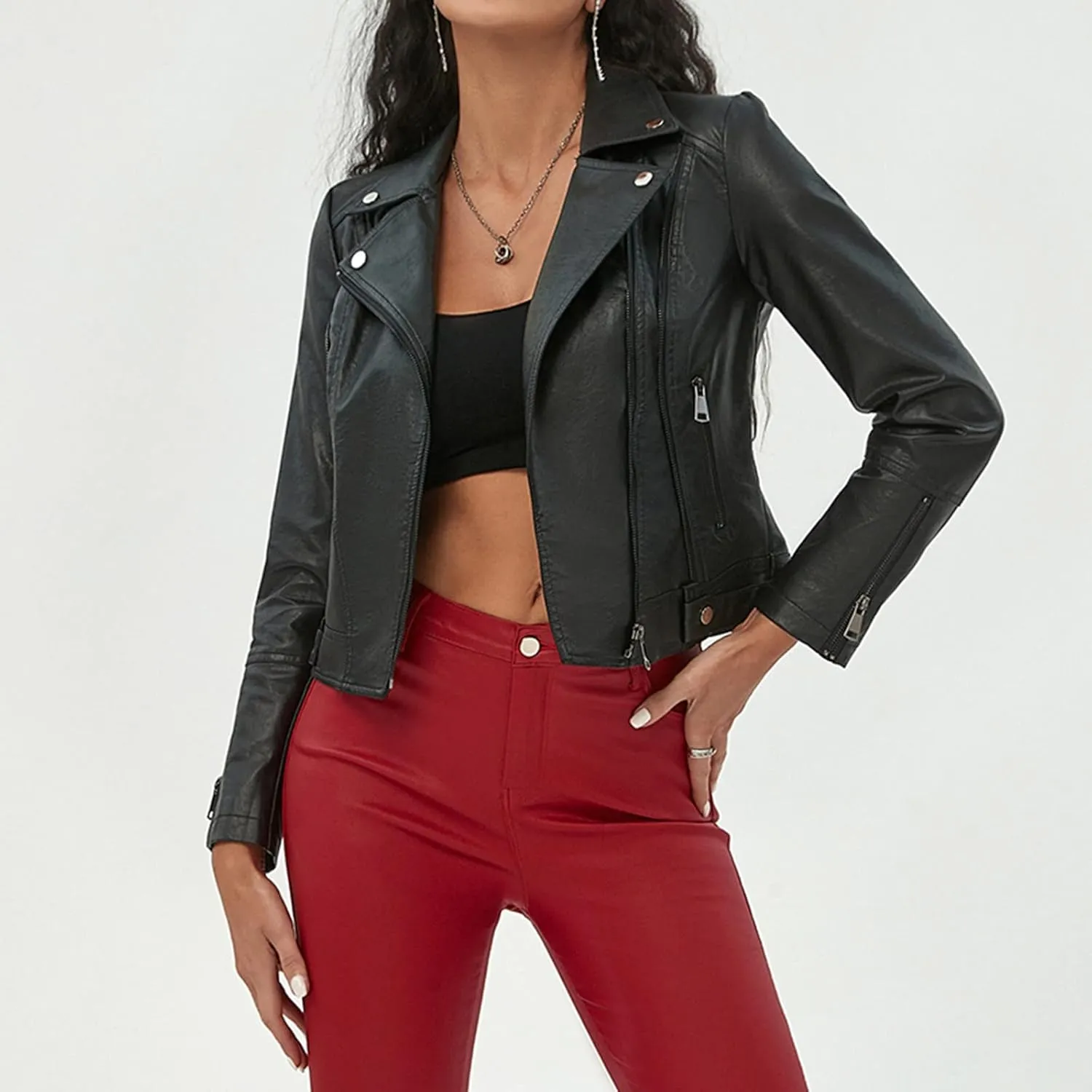 Womens Short Faux Leather Peplum Jacket Casual Zip Pockets Motor Jackets Lapel Buckle Cropped Pleather Blazer Coats
