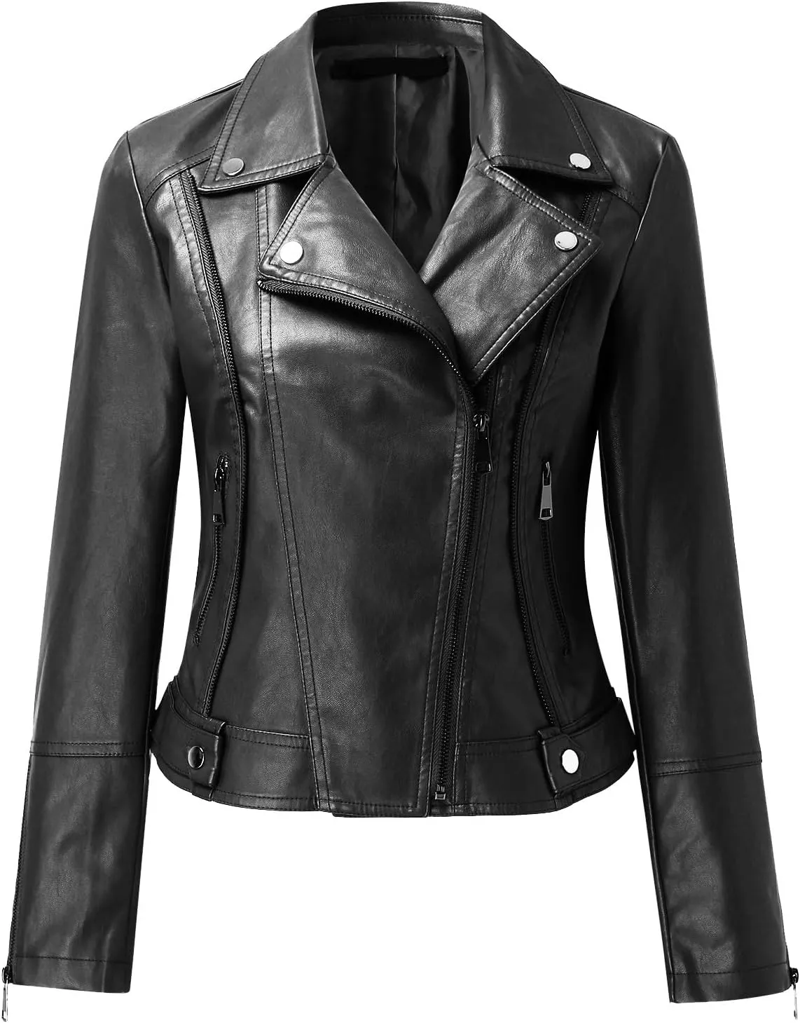 Womens Short Faux Leather Peplum Jacket Casual Zip Pockets Motor Jackets Lapel Buckle Cropped Pleather Blazer Coats