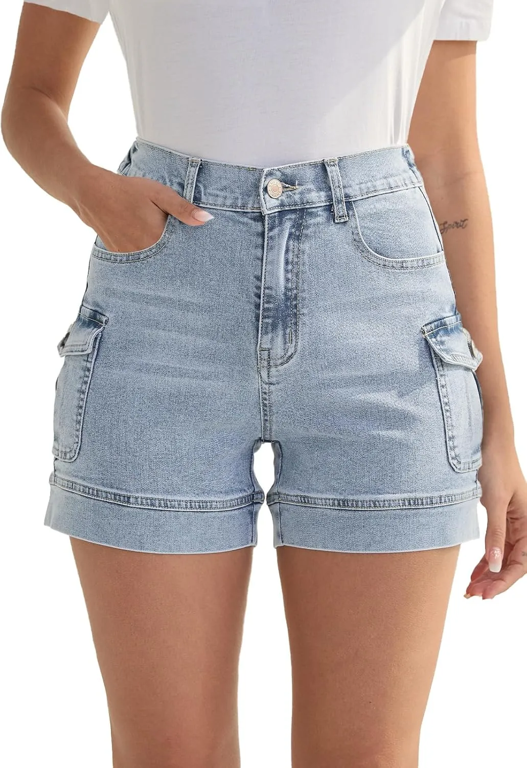 Women's Stretchy Cargo Jean Shorts High Waisted Casual Summer Denim Shorts with Pockets